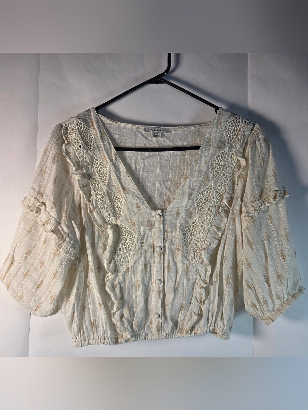 American Eagle Outfitters Cream Ruffle Lace-Trim Button Front Top